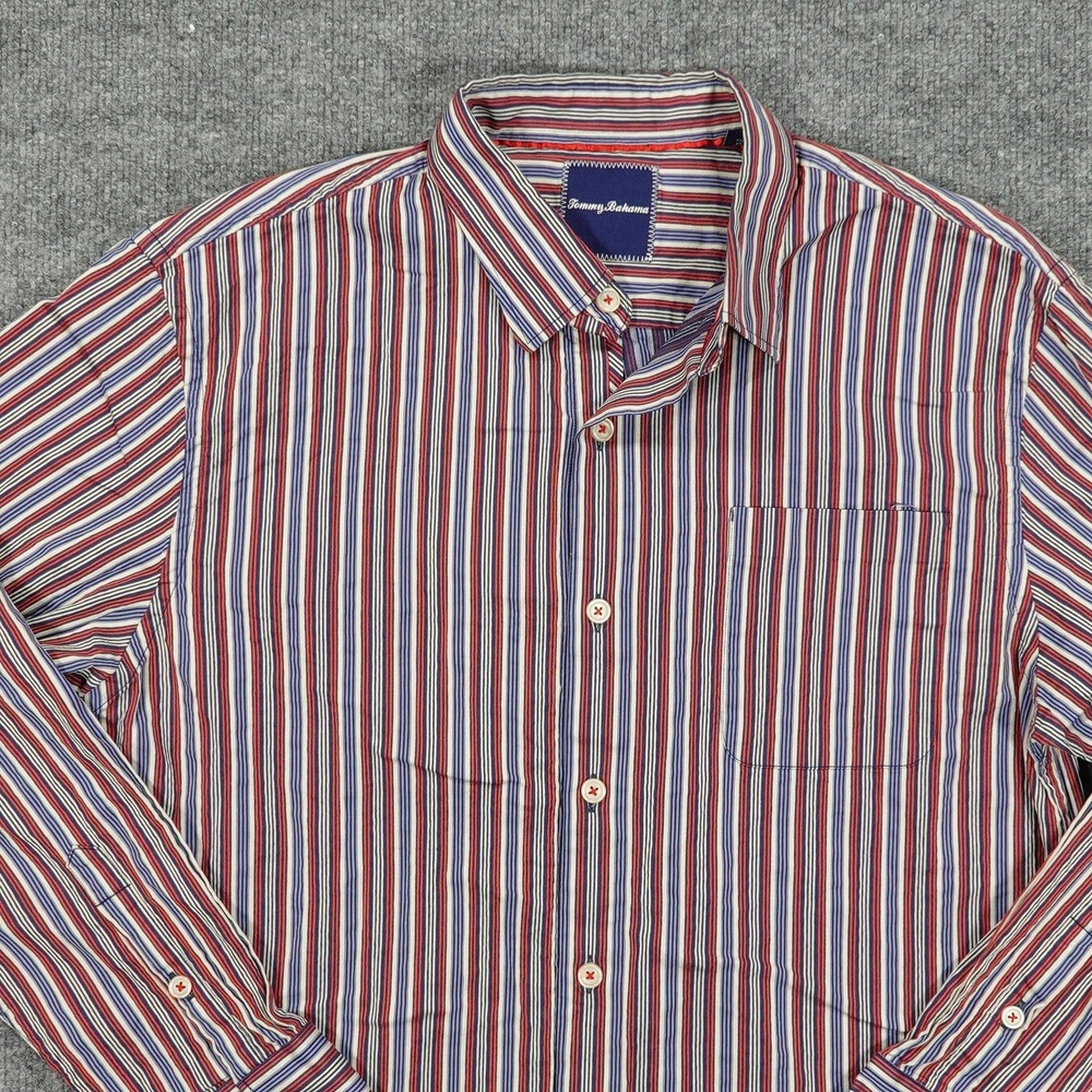Tommy Bahama Shirt Mens Large Red White Blue Stripe Cotton Silk Long Sleeve - Picture 2 of 9